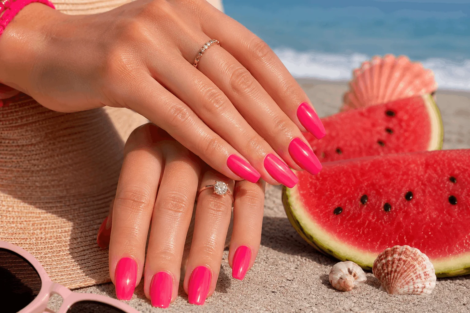 11 Summer Nail Colors Everyone Will Copy in 2026 8 Bright watermelon pink summer manicure with glossy nails