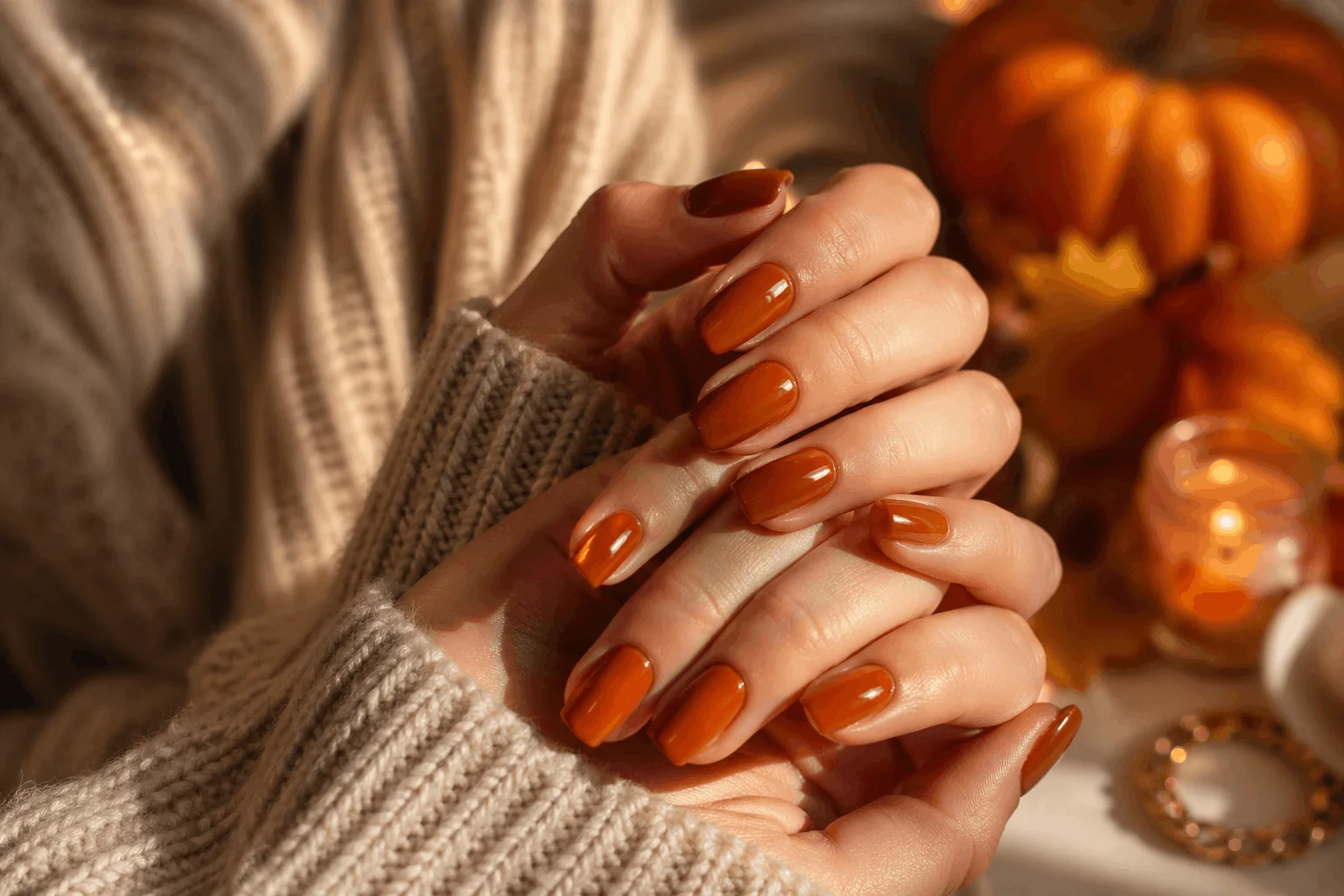 10 End of Summer Nails for a Perfect Seasonal Shift 6 Burnt orange glossy nails for summer to fall transition