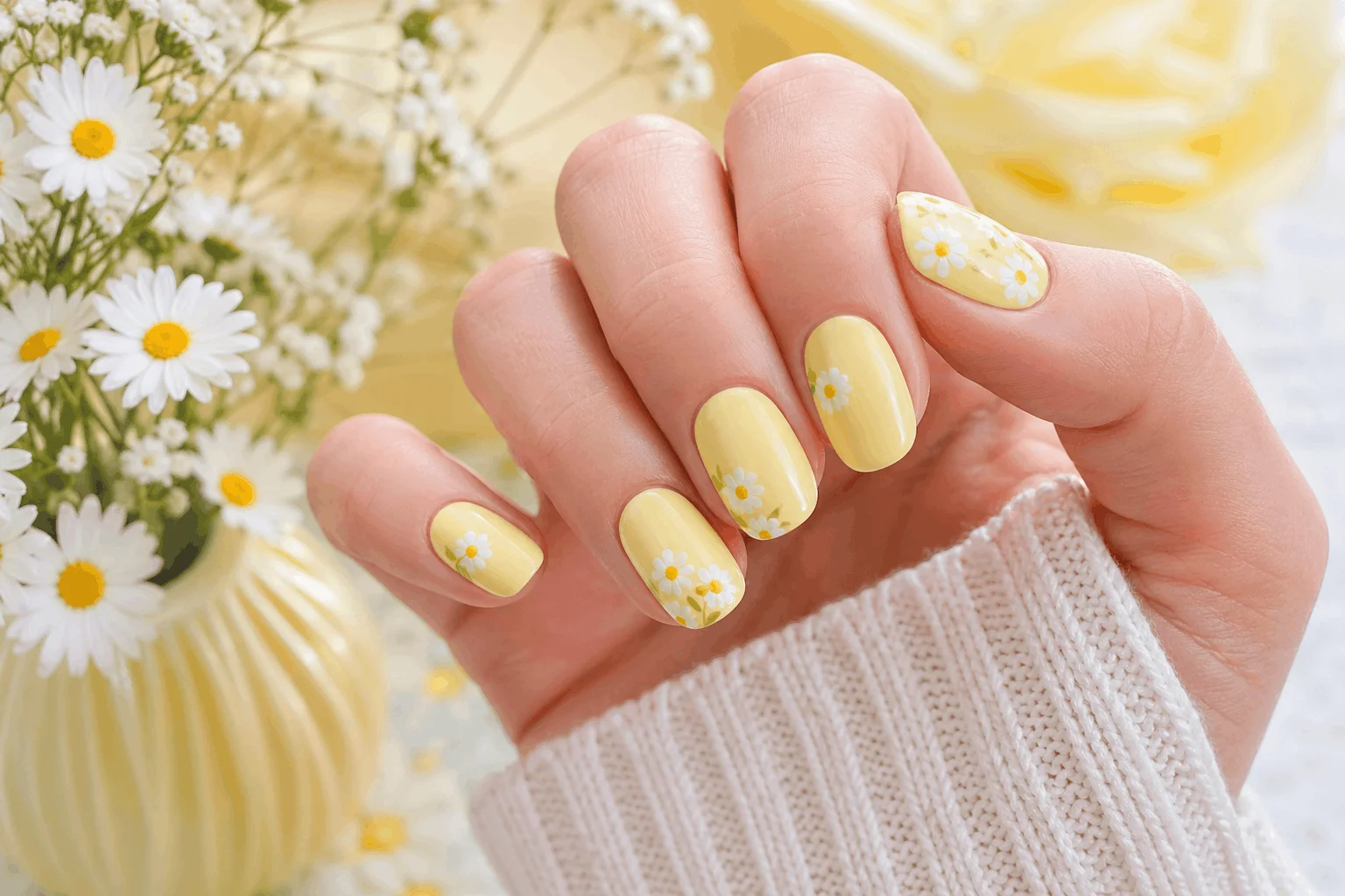 11 Butter Yellow Nails That Feel Soft & Chic 6 Butter yellow nails with white floral daisy nail design