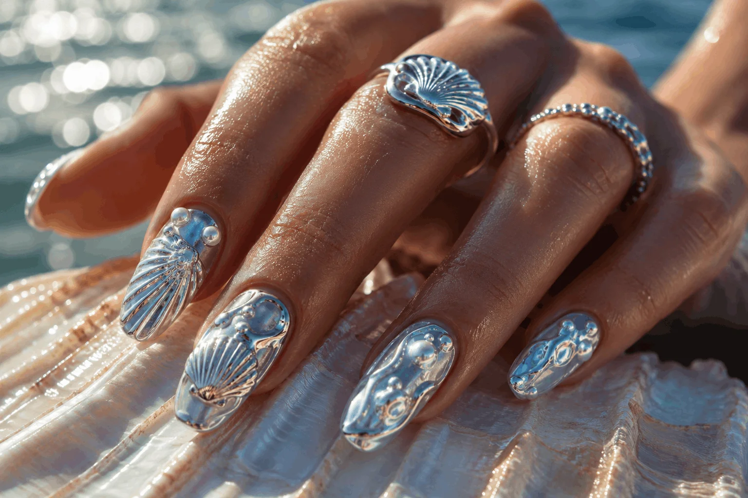 10 Summer Seashell Nails for a Coastal Glam Look 7 Chrome coastal nails with iridescent shell textures