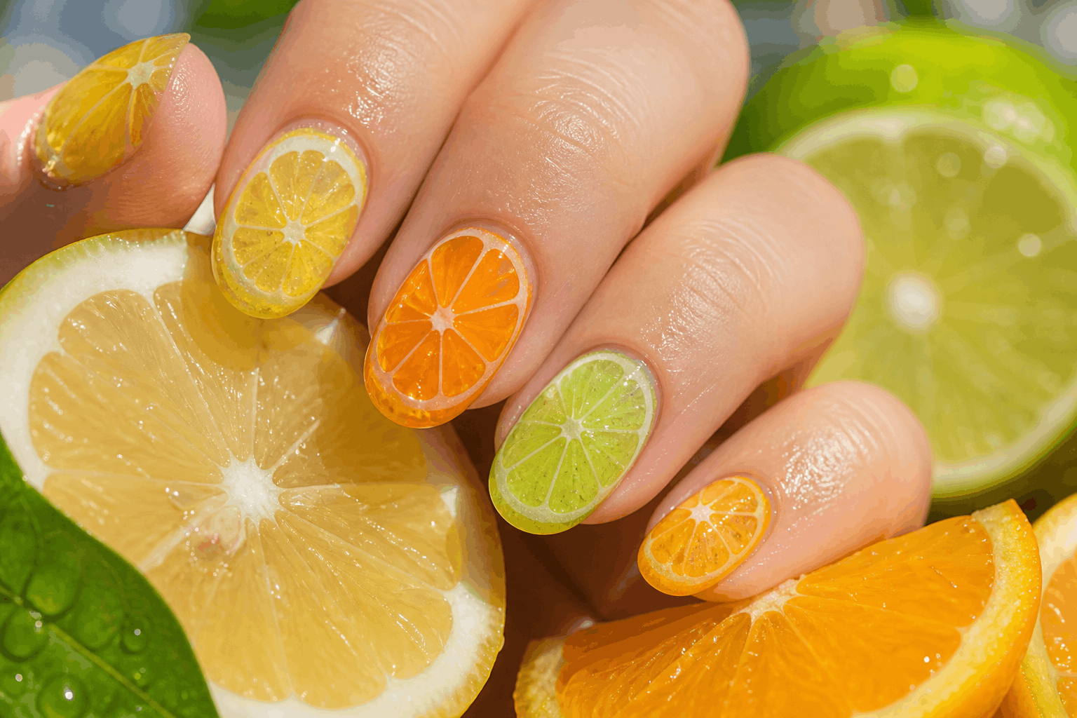 10 Fruit Gel Nails That Look Fresh and Fun 3 Citrus slice colorful fruit nails with lemon and orange design
