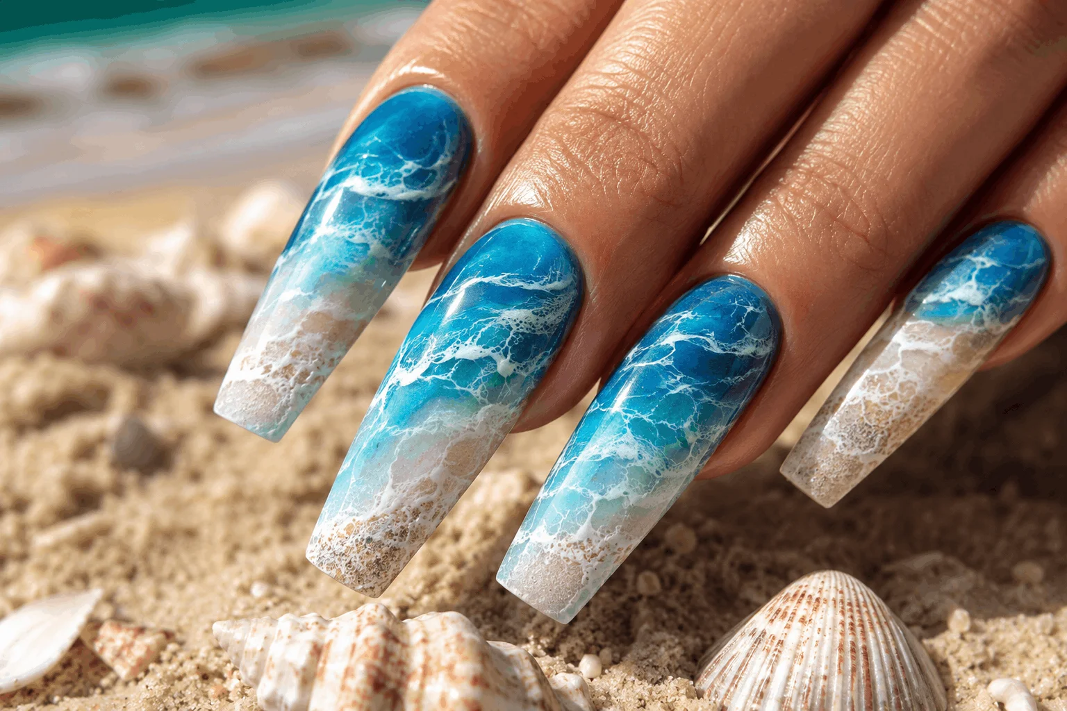 10 Wave Acrylic Nails Perfect for Summer Vibes 2 Classic blue ocean wave acrylic nails with glossy finish