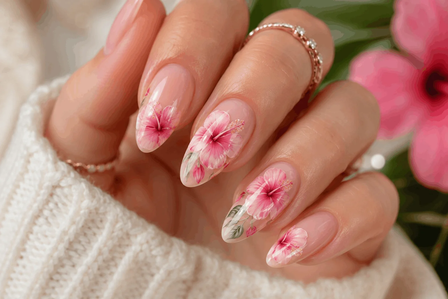 10 Hibiscus Flower on Nails Designs You’ll Love 2 Classic pink hibiscus flower nail design on almond nails