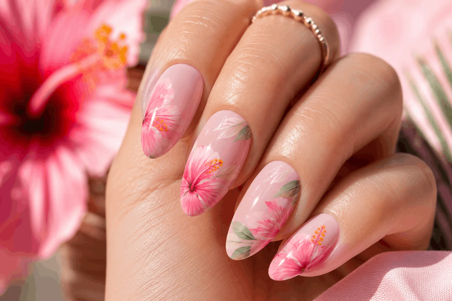10 Summer Hibiscus Nails You’ll Want Right Away 2 Classic pink hibiscus nail art on glossy almond nails