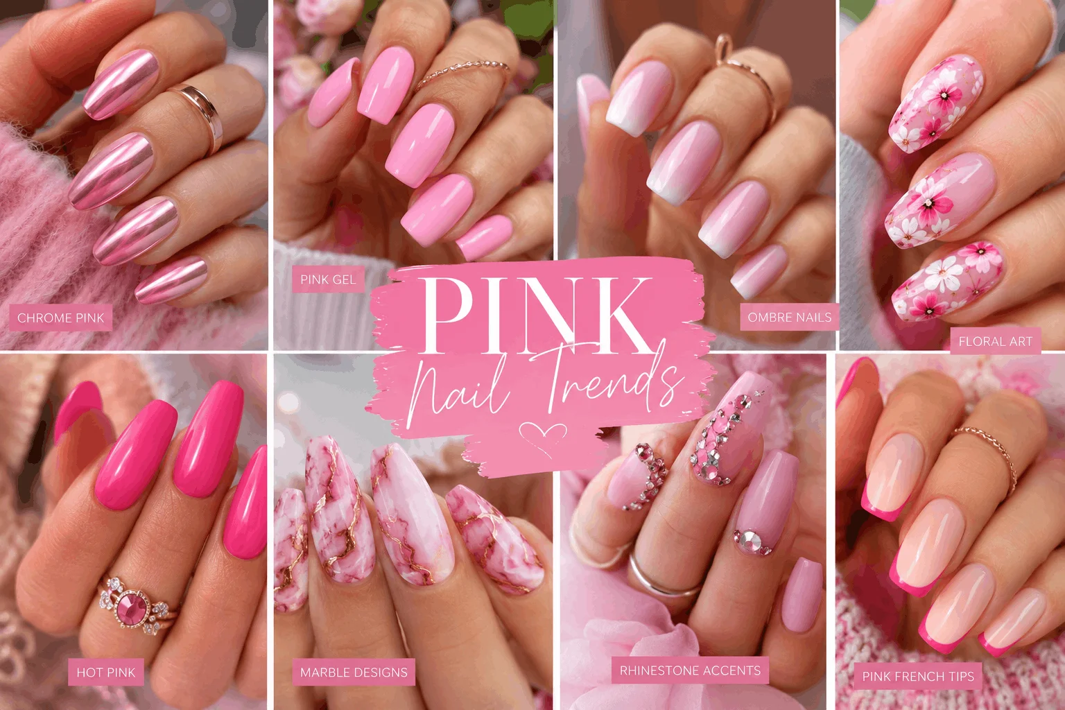 10 Eye-Catching Pink Nails & Hot Pink Gel Styles 12 Collage of trendy pink nail styles including chrome ombre and gel nails