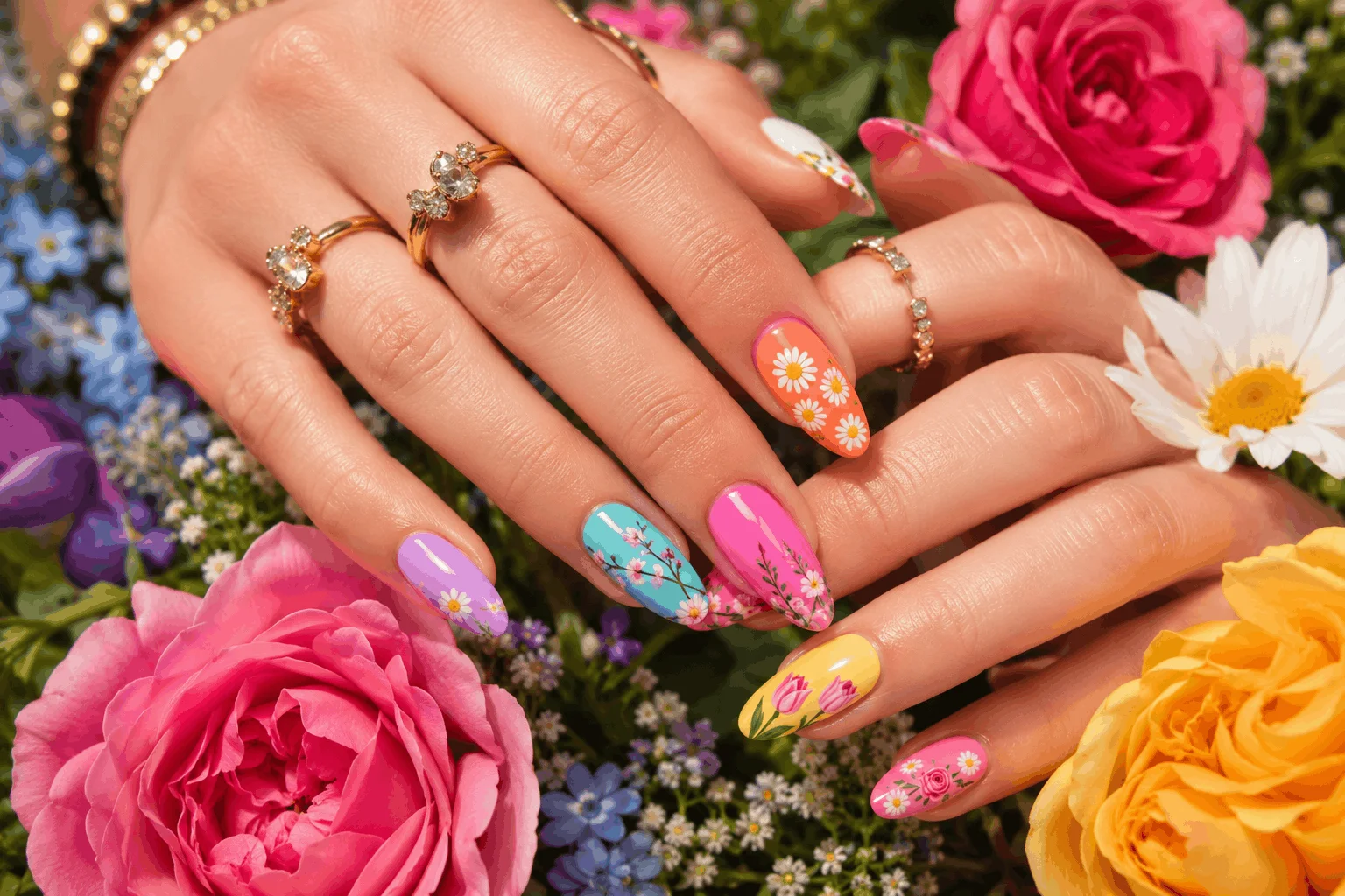 11 Summer Nails With Flowers You’ll Want ASAP 8 Colorful garden-inspired floral summer nails