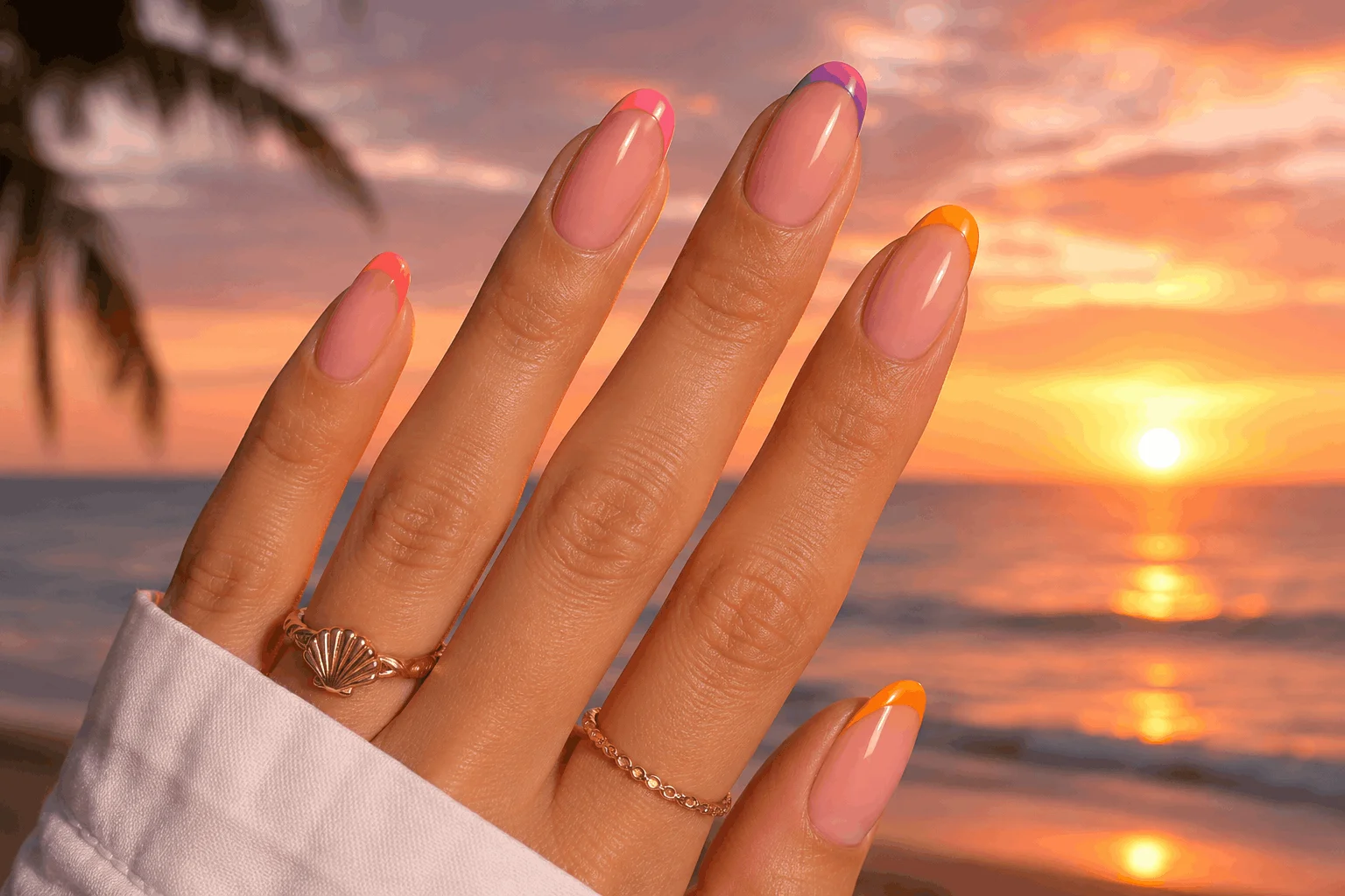10 Tropical Sunset Nails That Scream Summer Vibes 11 Colorful sunset French tip nails for summer