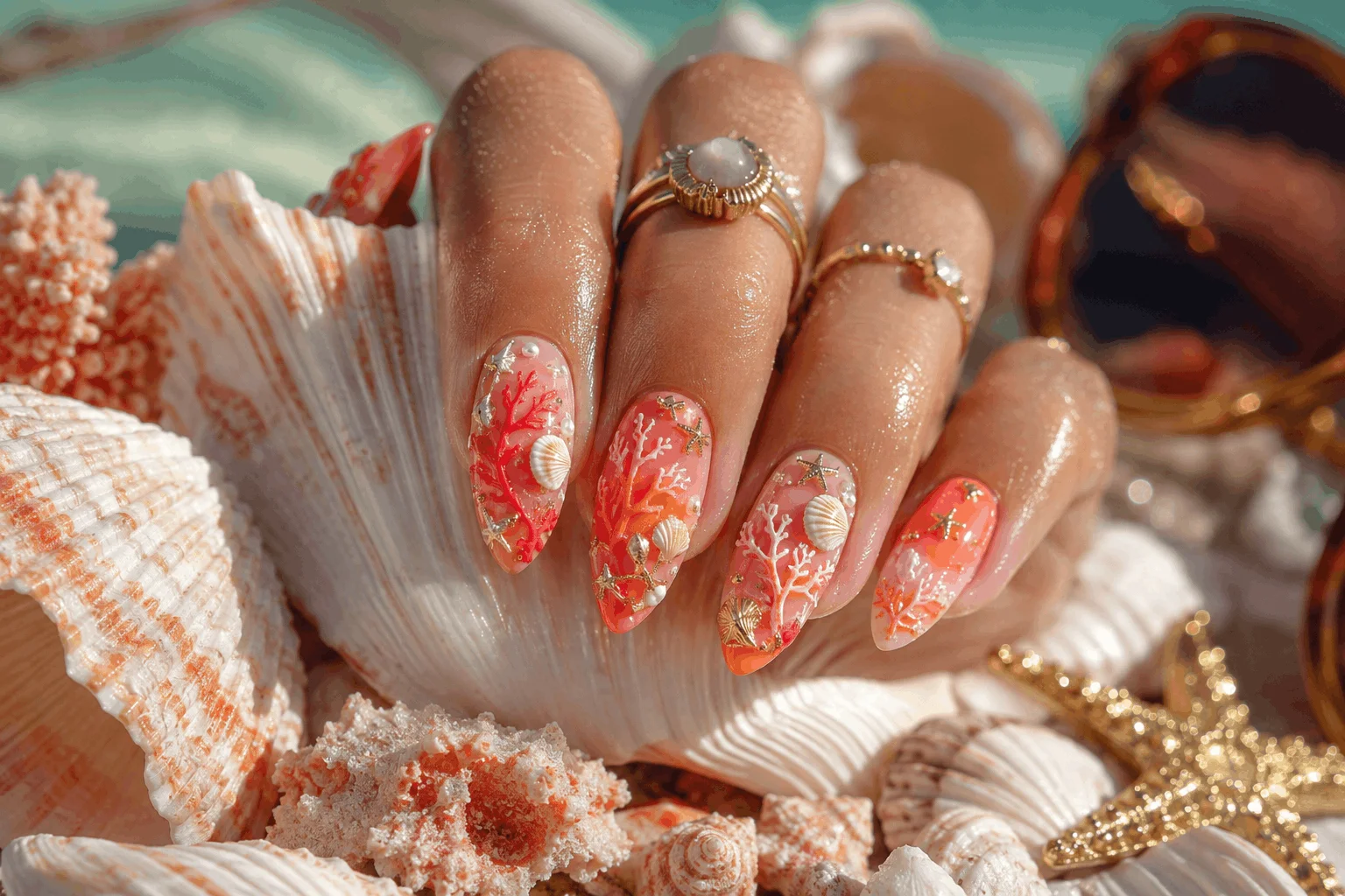 10 Summer Almond Nails for a Chic Beach Look 7 Coral reef almond nails with vibrant summer beach colors