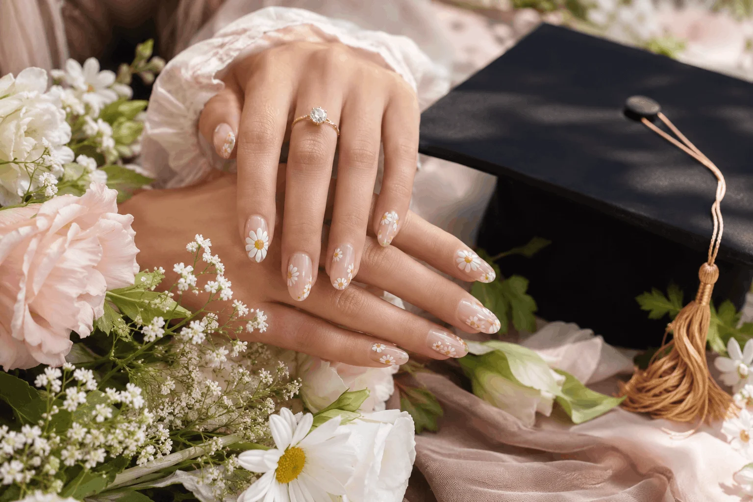 12 Cute Graduation Nails Perfect for Graduation Season 7 Cute graduation nails with delicate floral nail art design