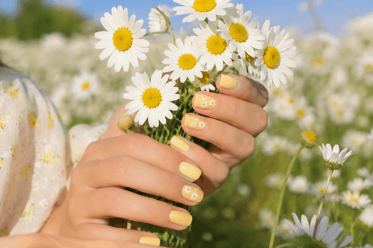 11 Yellow Summer Nails That Look So Bright & Cute 9 Cute yellow nails with white daisy summer nail art