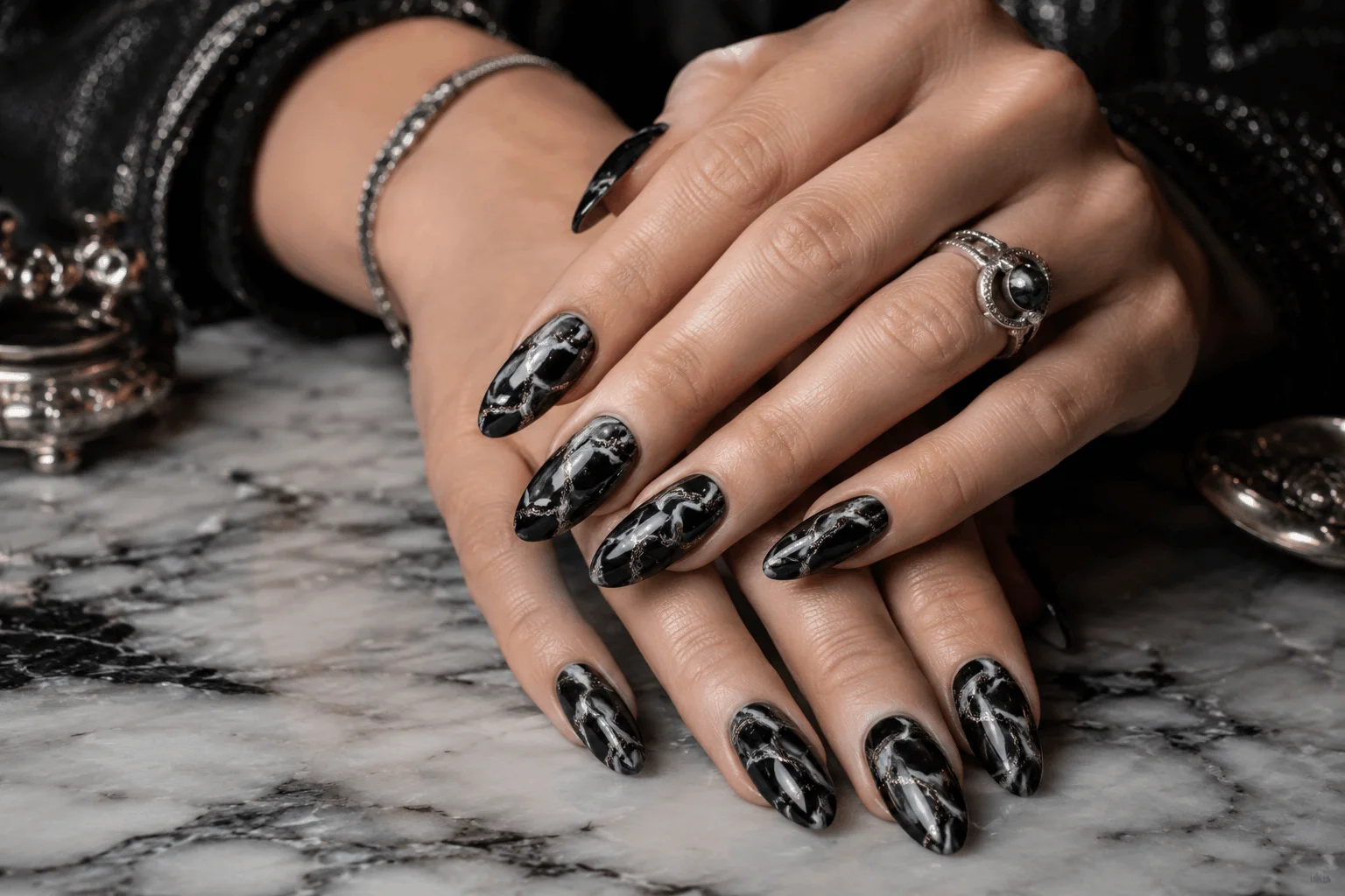 10 Black Prom Nails That Scream Luxury Glam 9 Elegant black marble prom nail design inspiration