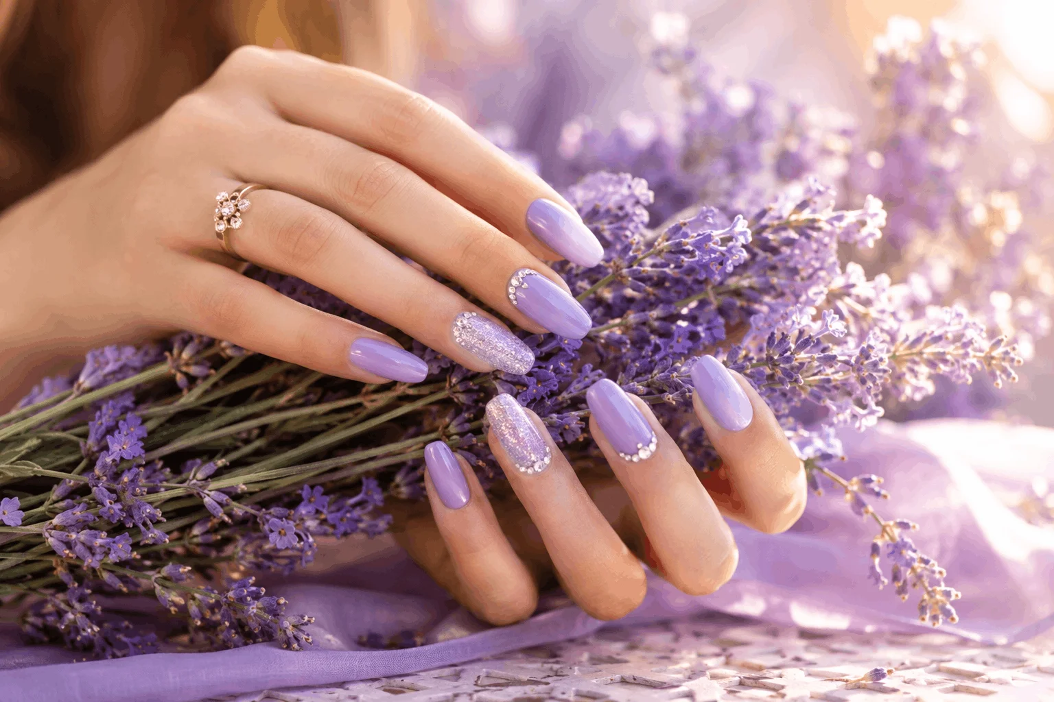 10 April Nails Ideas for a Chic Seasonal Manicure 6 Elegant lavender nails with spring glamour styling