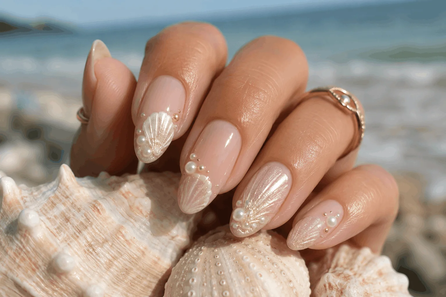10 Summer Seashell Nails for a Coastal Glam Look 2 Elegant pearl seashell nail design with coastal glam style