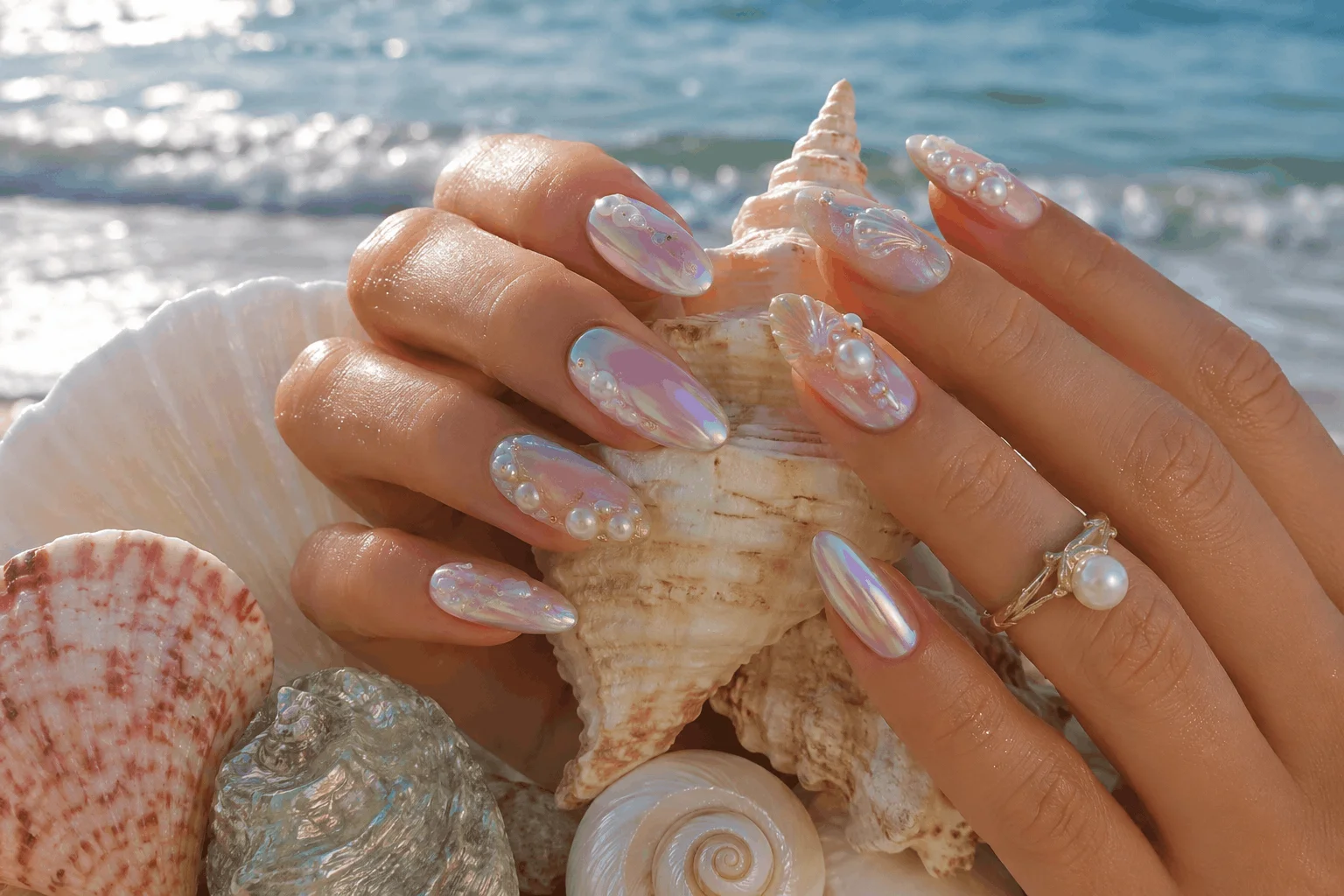 10 Summer Beach Nails Every Trend Lover Will Save 4 Elegant seashell and pearl beach nails