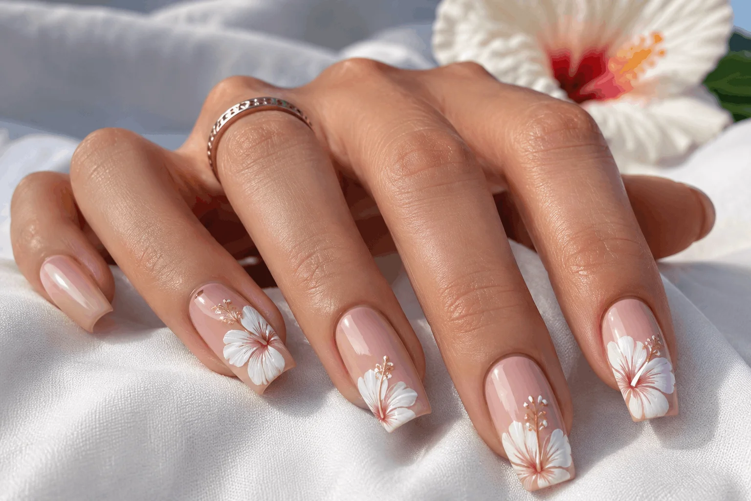 10 Hibiscus Flower on Nails Designs You’ll Love 6 Elegant white hibiscus flower nail manicure