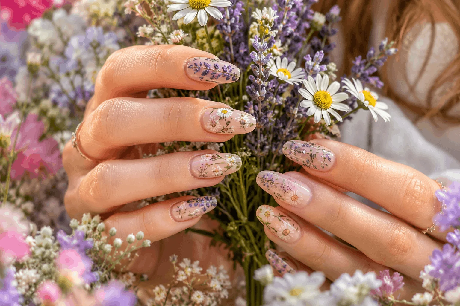 12 Coachella Nails Designs That Steal the Spotlight 4 Floral Coachella nails with hand painted wildflowers