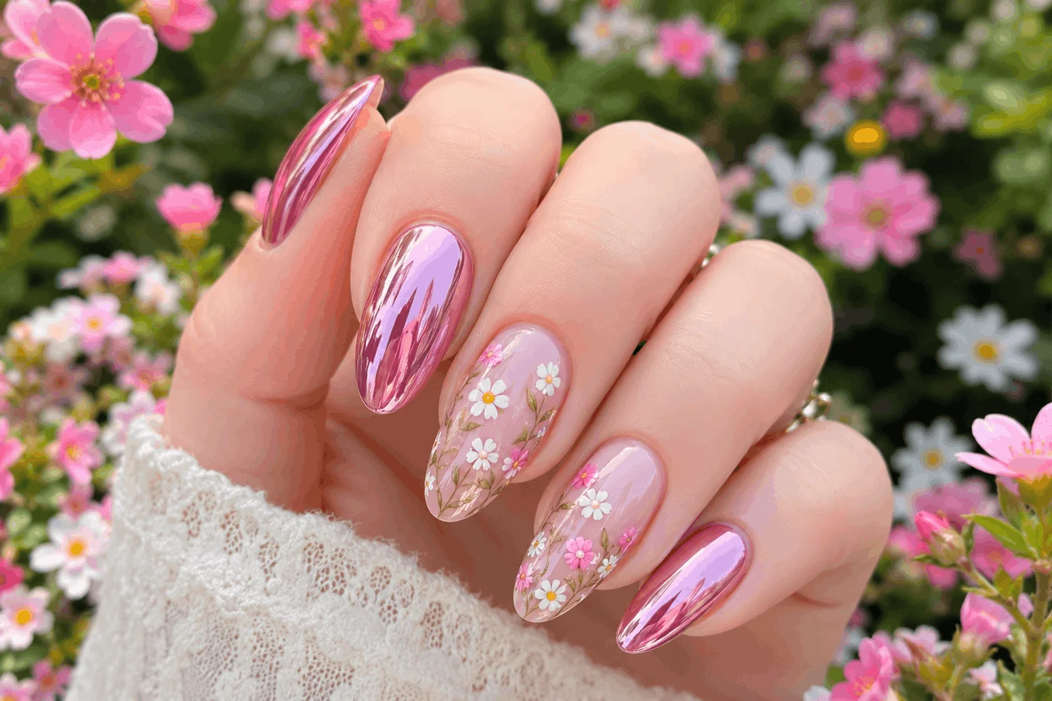 10 Spring Chrome Nails Every Girl Will Copy 4 Floral chrome nails with daisy nail art for spring