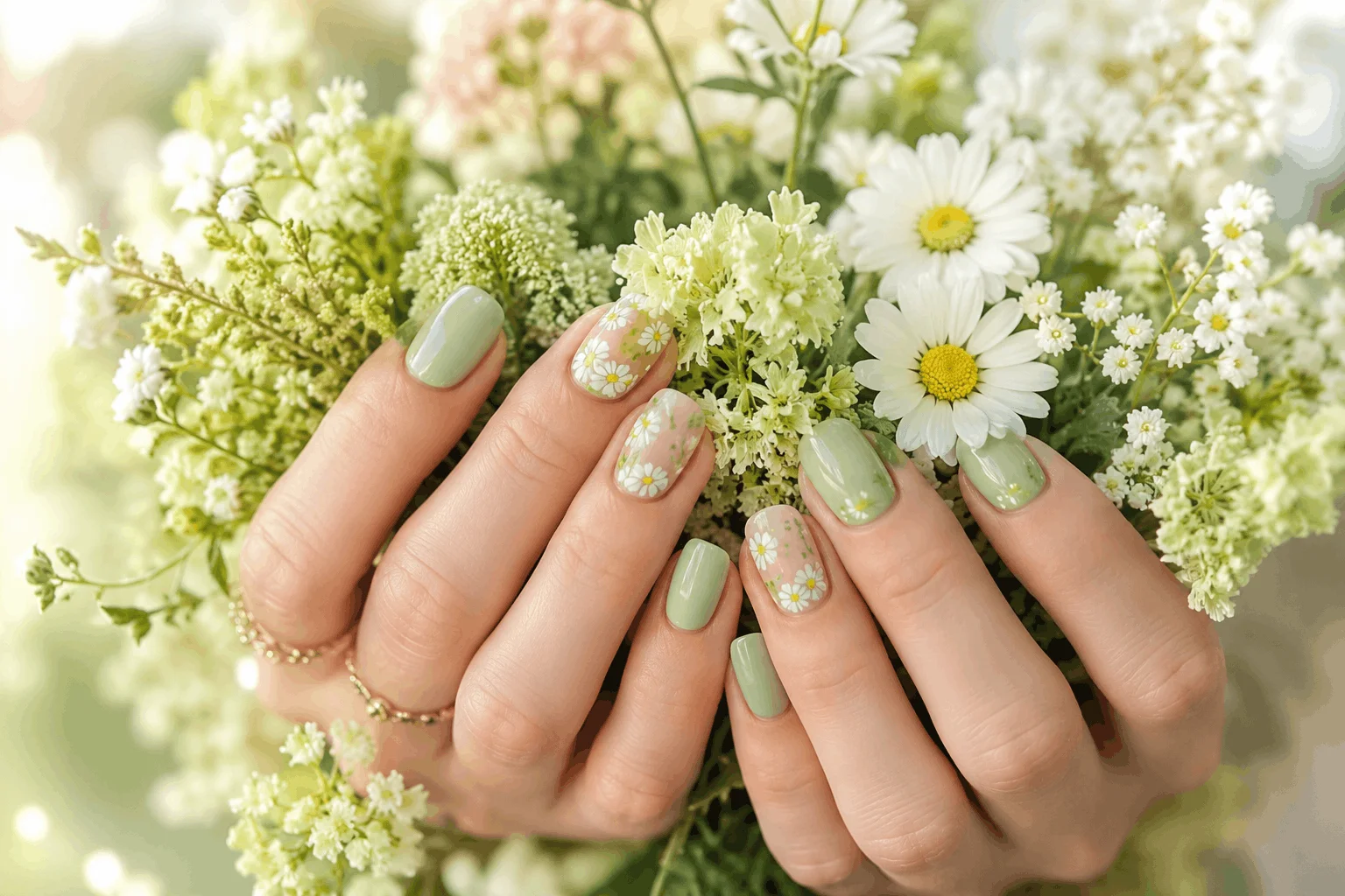 11 Green Spring Nails Everyone Will Copy 4 Floral green spring nails with daisy nail art design