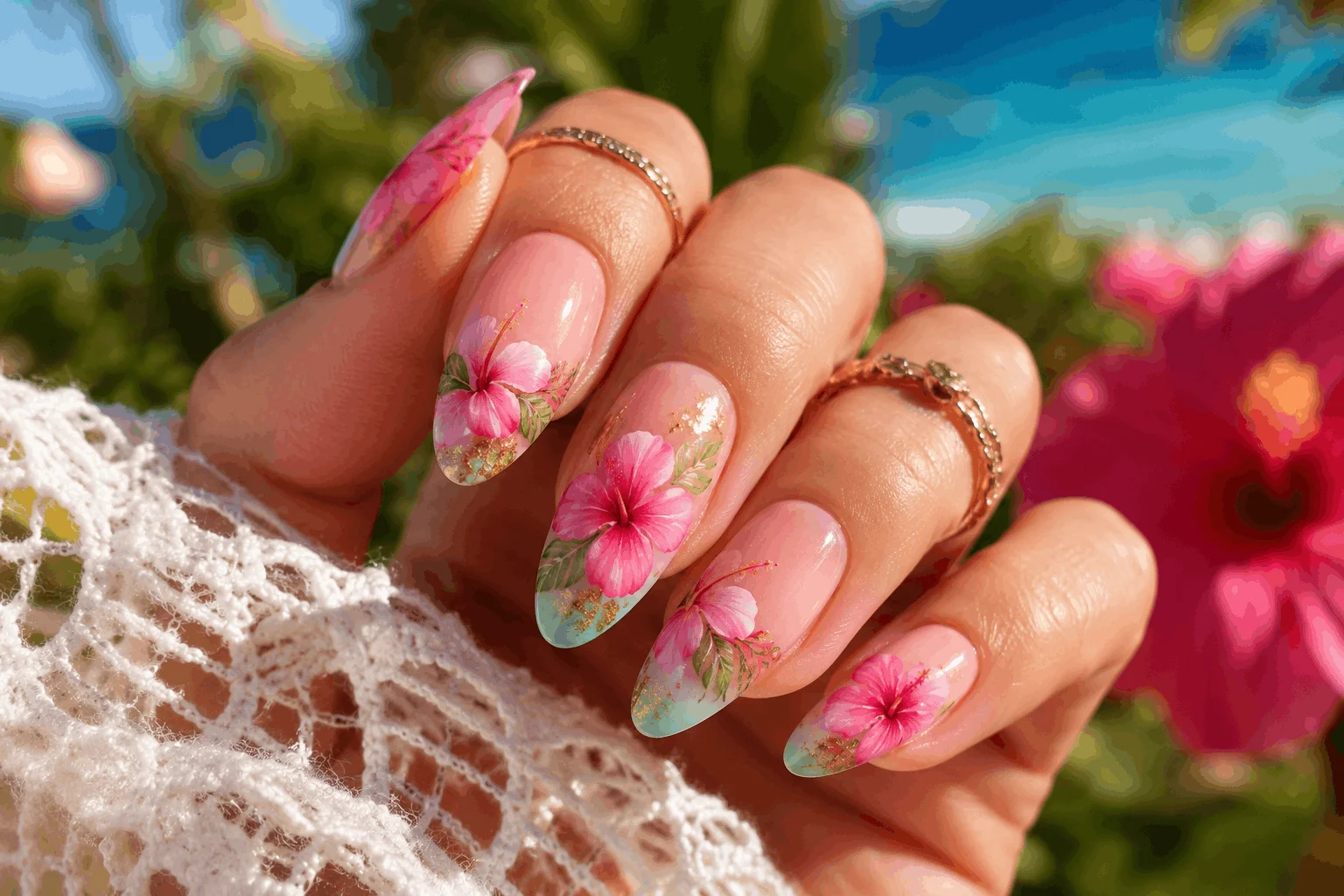 10 Pink Hibiscus Nails That Feel Like Paradise 8 Floral hibiscus almond nails with elegant tropical design