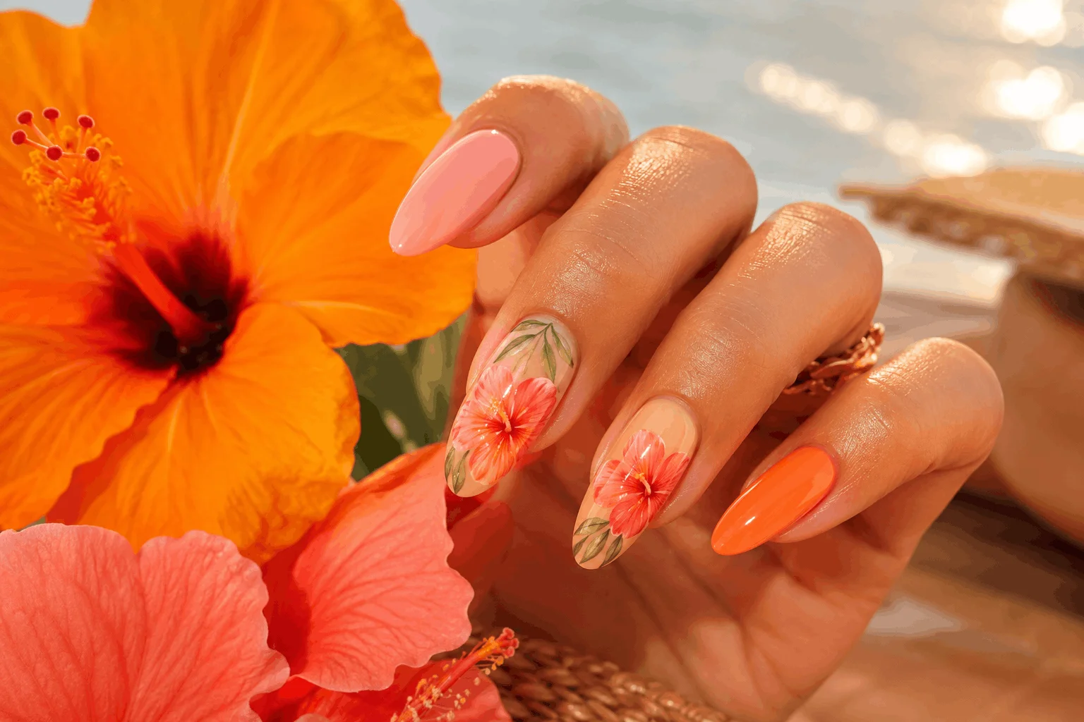 10 Orange Summer Nails That Scream Vacation Mode 9 Floral orange summer nails with tropical flower art