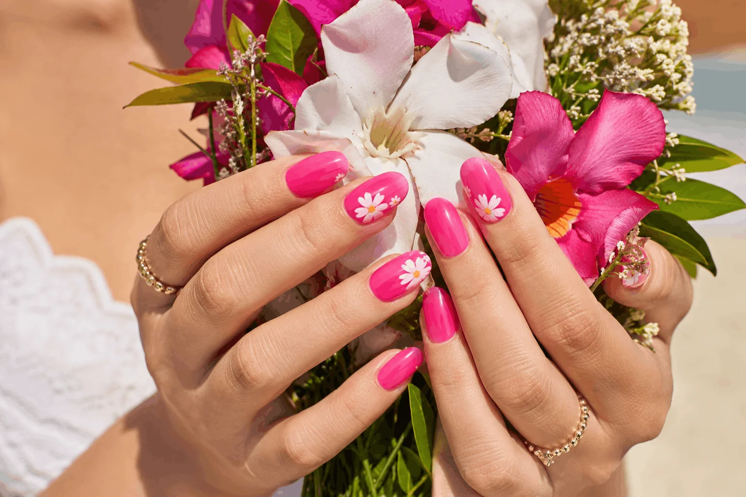 12 Hot Pink Summer Nails That Scream Vacation 8 Floral summer pink nails with daisy nail art