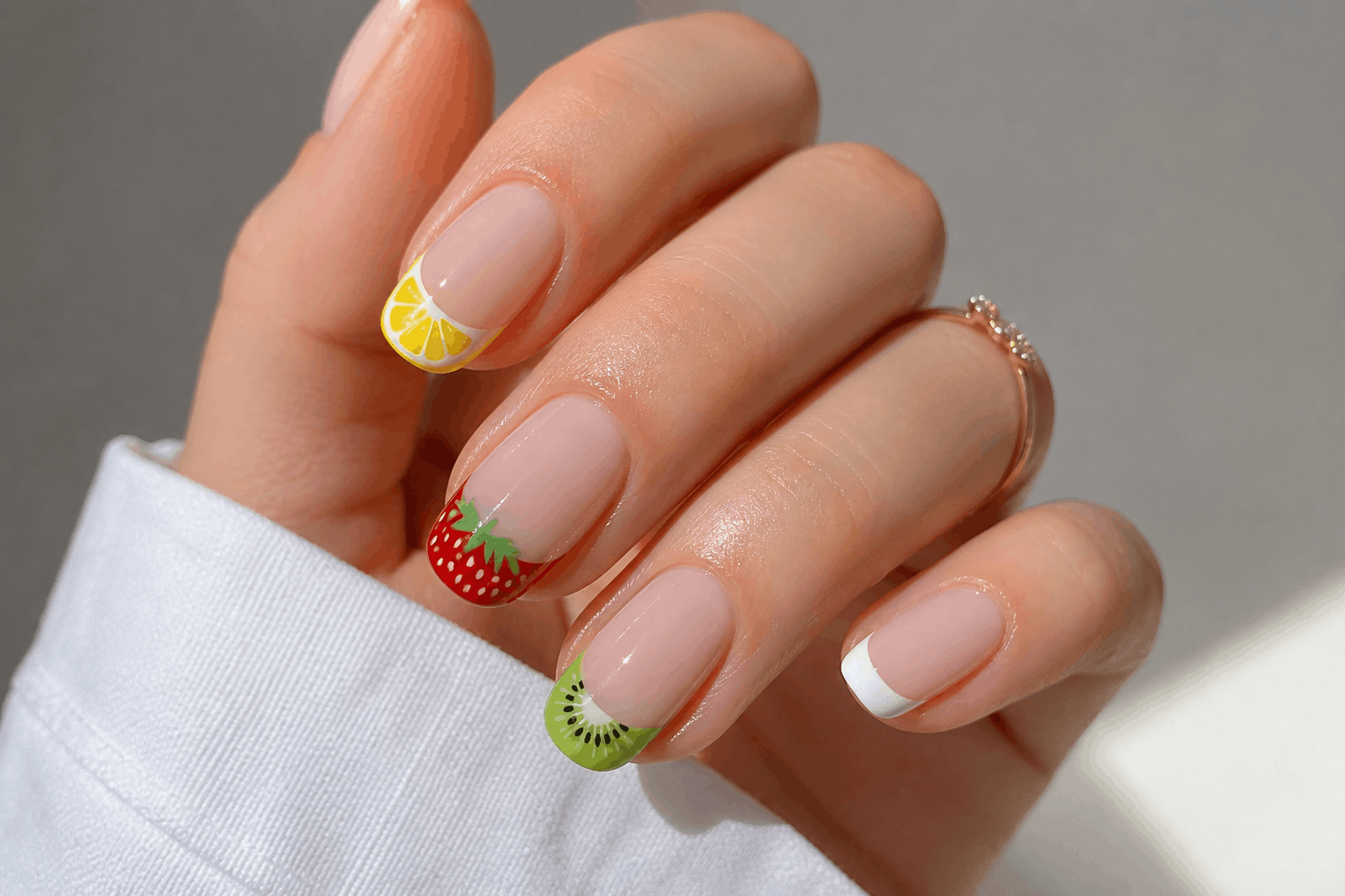 10 Fruit Gel Nails That Look Fresh and Fun 9 French tip fruit nails with lemon and strawberry designs