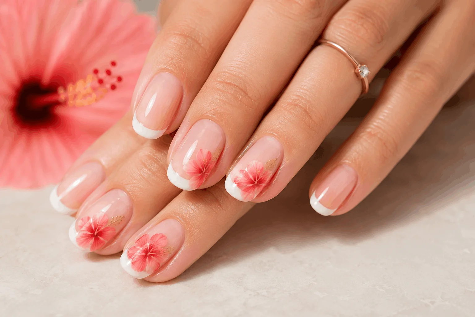 10 Summer Hibiscus Nails You’ll Want Right Away 8 French tip hibiscus nails with tropical floral accents