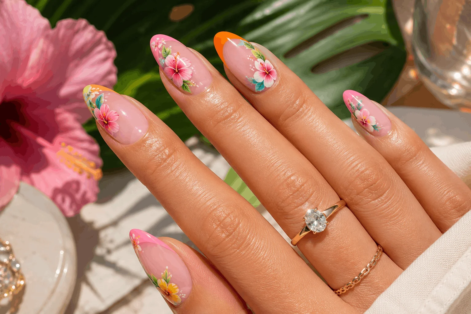 10 Hibiscus Flower on Nails Designs You’ll Love 8 French tip nails with hibiscus flower accents