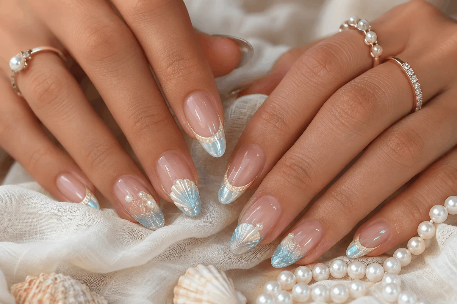 10 Summer Seashell Nails for a Coastal Glam Look 11 French tip seashell nails with coastal glam style
