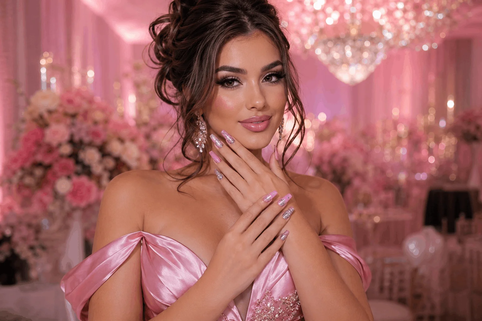 10 Pink Prom Nails That Are Pure Prom Queen 1 Glamorous lady model with elegant pink prom nails and luxury prom styling