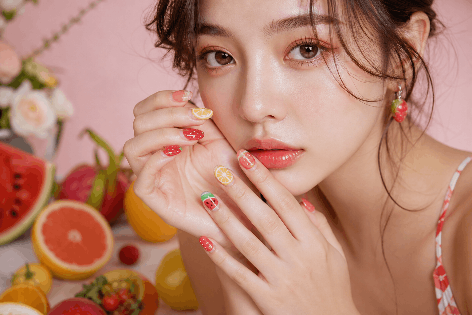 10 Fruit Gel Nails That Look Fresh and Fun 1 Glamorous model showing colorful fruit gel nails summer manicure