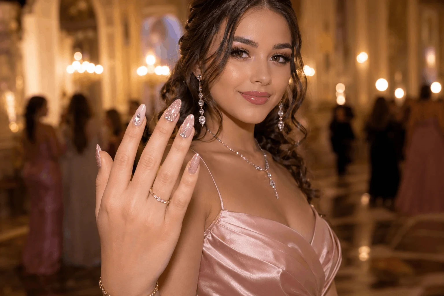 10 Prom Nails Styles Perfect for Your Dream Dress 1 Glamorous prom girl showing elegant prom nails in luxury