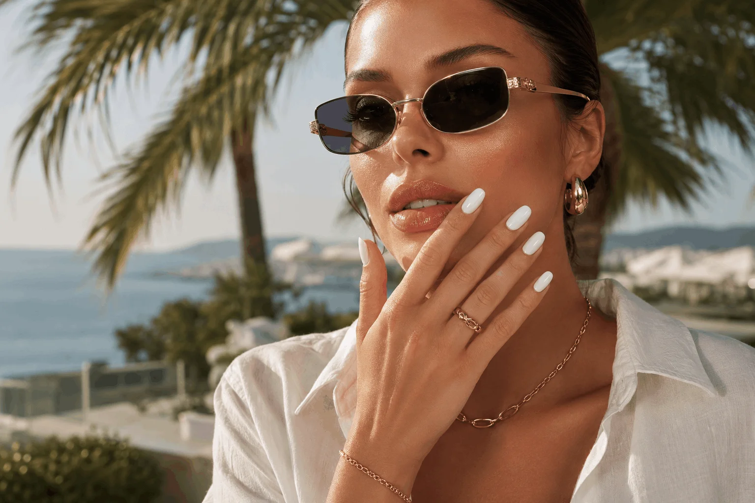 10 White Summer Nails That Feel Classy & Fresh 1 Glamorous woman showing classy white summer nails at a luxury beach resort
