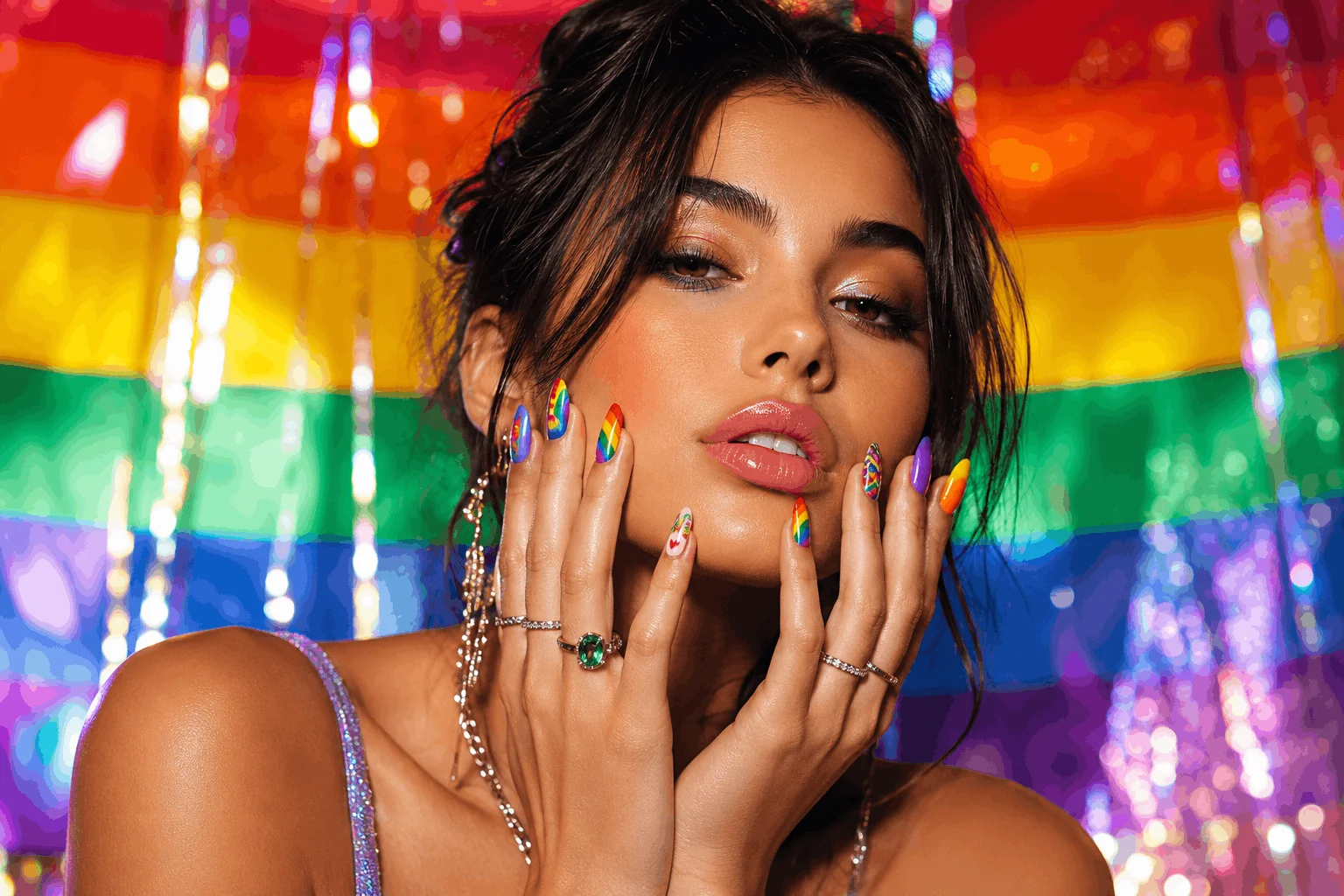 10 Pride Nails Designs That Are Pure Rainbow Magic 1 Glamorous woman showing colorful pride nails designs with rainbow manicure
