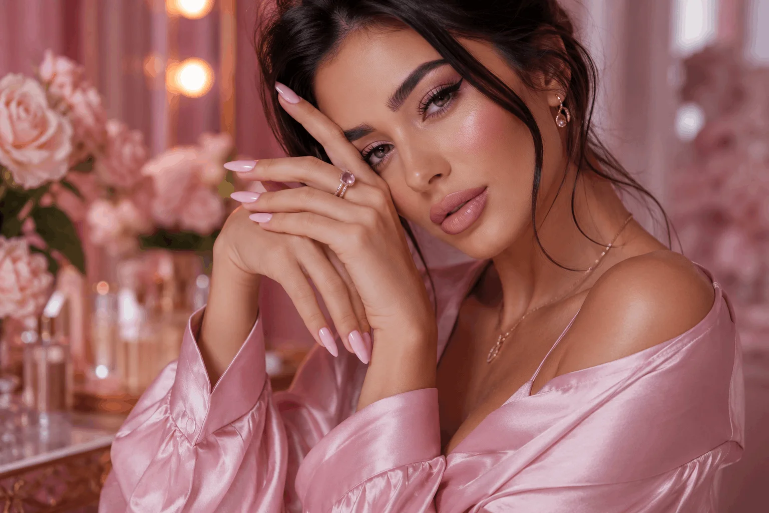10 Pastel Pink Nails Every Trendy Girl Loves 12 Glamorous woman showing elegant pastel pink nails in luxury beauty setting