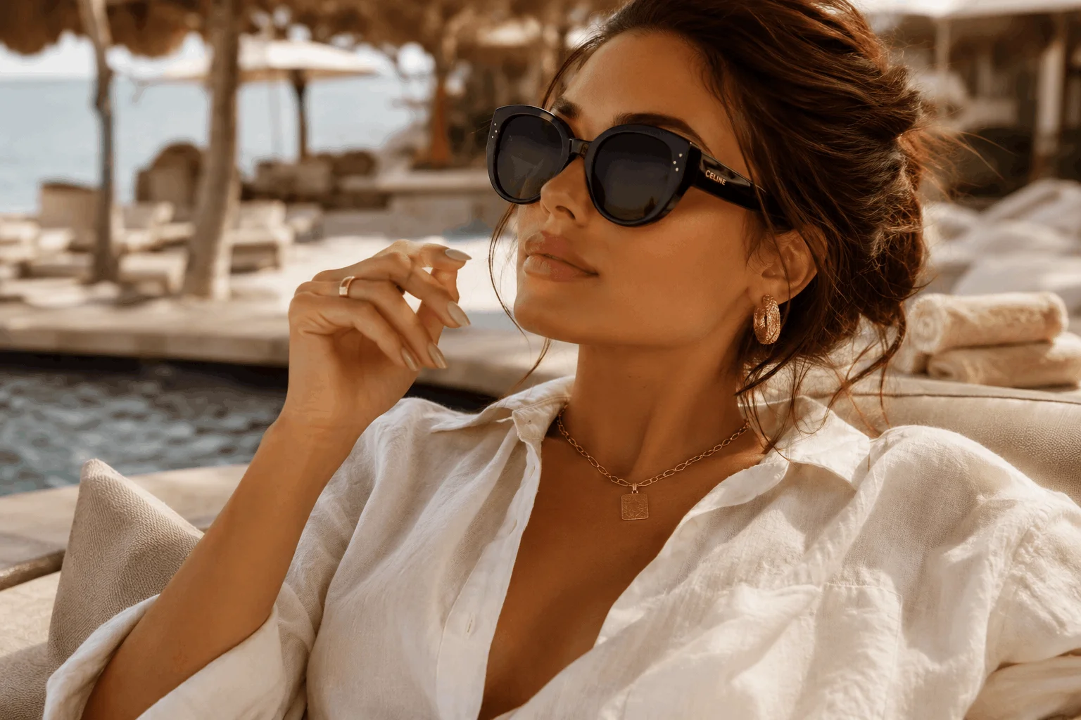 10 Elegant Summer Nails That Look So Expensive 1 Glamorous woman showing elegant summer nails at luxury resort
