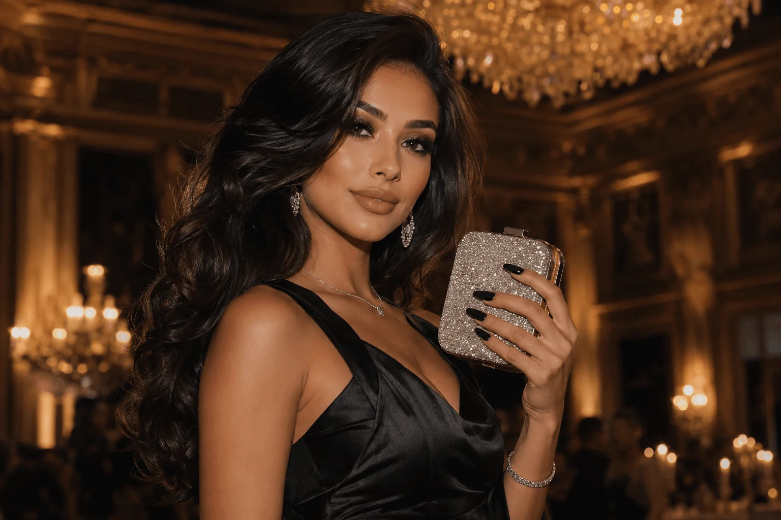 10 Black Prom Nails That Scream Luxury Glam 1 Glamorous woman showing luxury black prom nails in elegant prom look