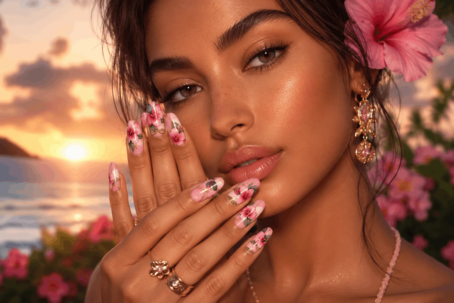 10 Hibiscus Flower on Nails Designs You’ll Love 1 Glamorous woman showing pink hibiscus flower nail art manicure
