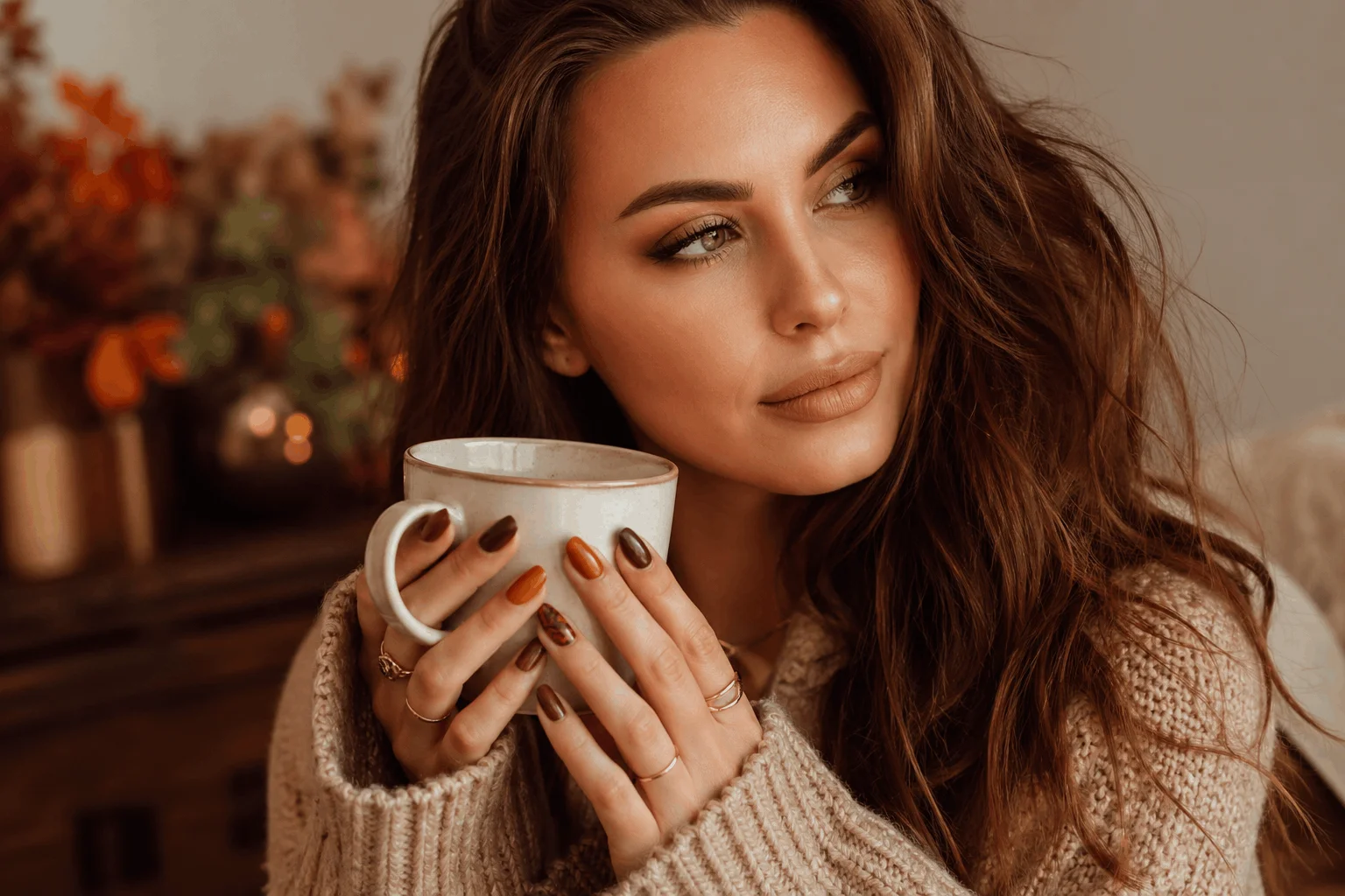 11 Autumn Nails Aesthetic Styles You’ll Copy 1 Glamorous woman with autumn nails aesthetic in cozy fall setting