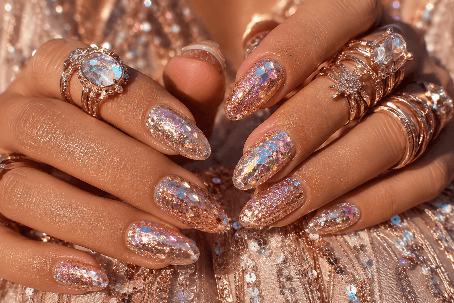 12 Coachella Nails Designs That Steal the Spotlight 9 Glitter festival nails sparkling in natural sunlight