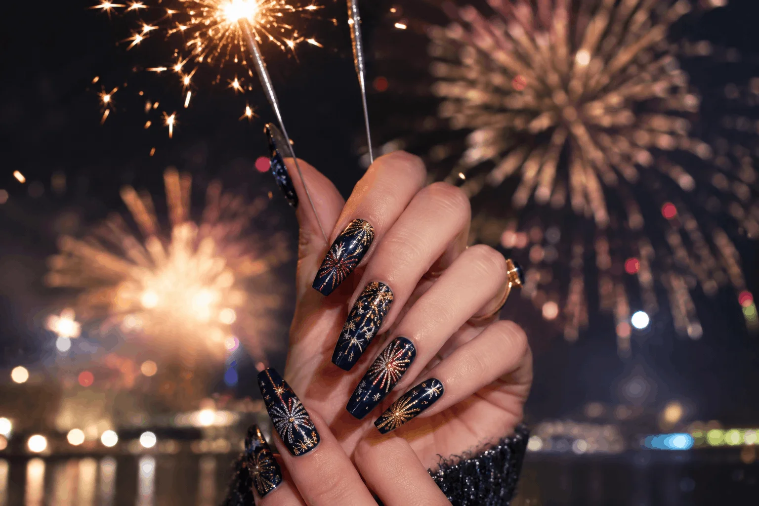 10 Cute 4th of July Nails You Need This Year 4 Glitter fireworks inspired patriotic nail designs