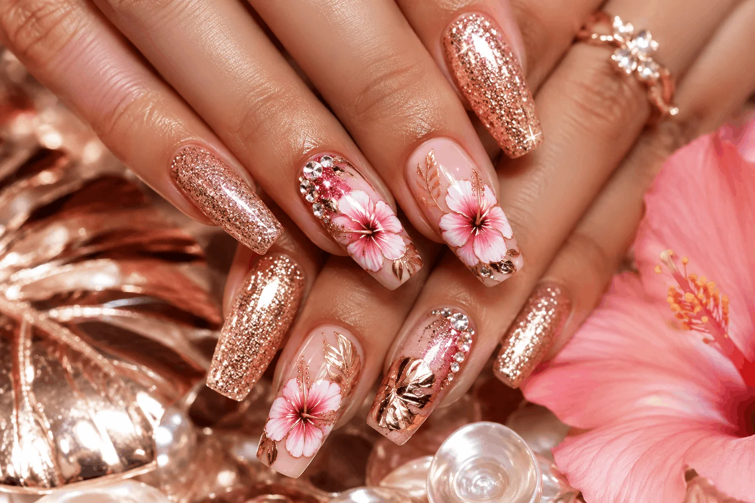 10 Hibiscus Flower on Nails Designs You’ll Love 10 Glitter hibiscus flower nail art with rose gold shimmer