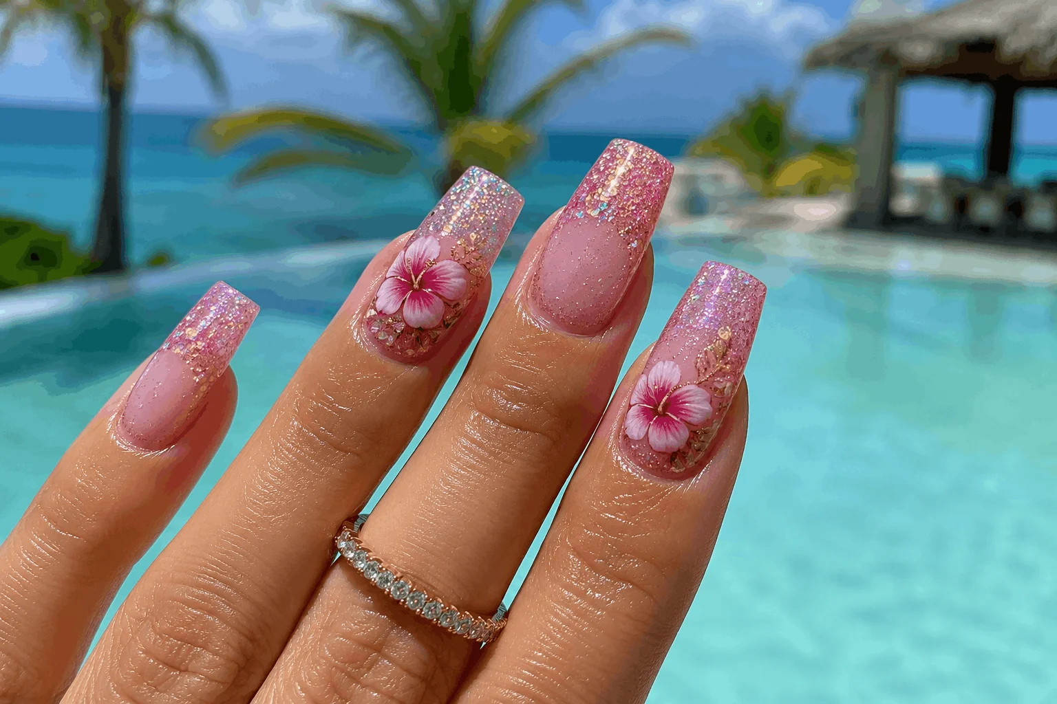 10 Pink Hibiscus Nails That Feel Like Paradise 9 Glitter hibiscus vacation nails with sparkling tropical manicure