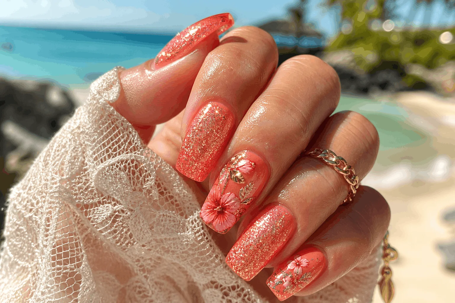 10 Summer Hibiscus Nails You’ll Want Right Away 10 Glitter hibiscus vacation nails with tropical sparkle