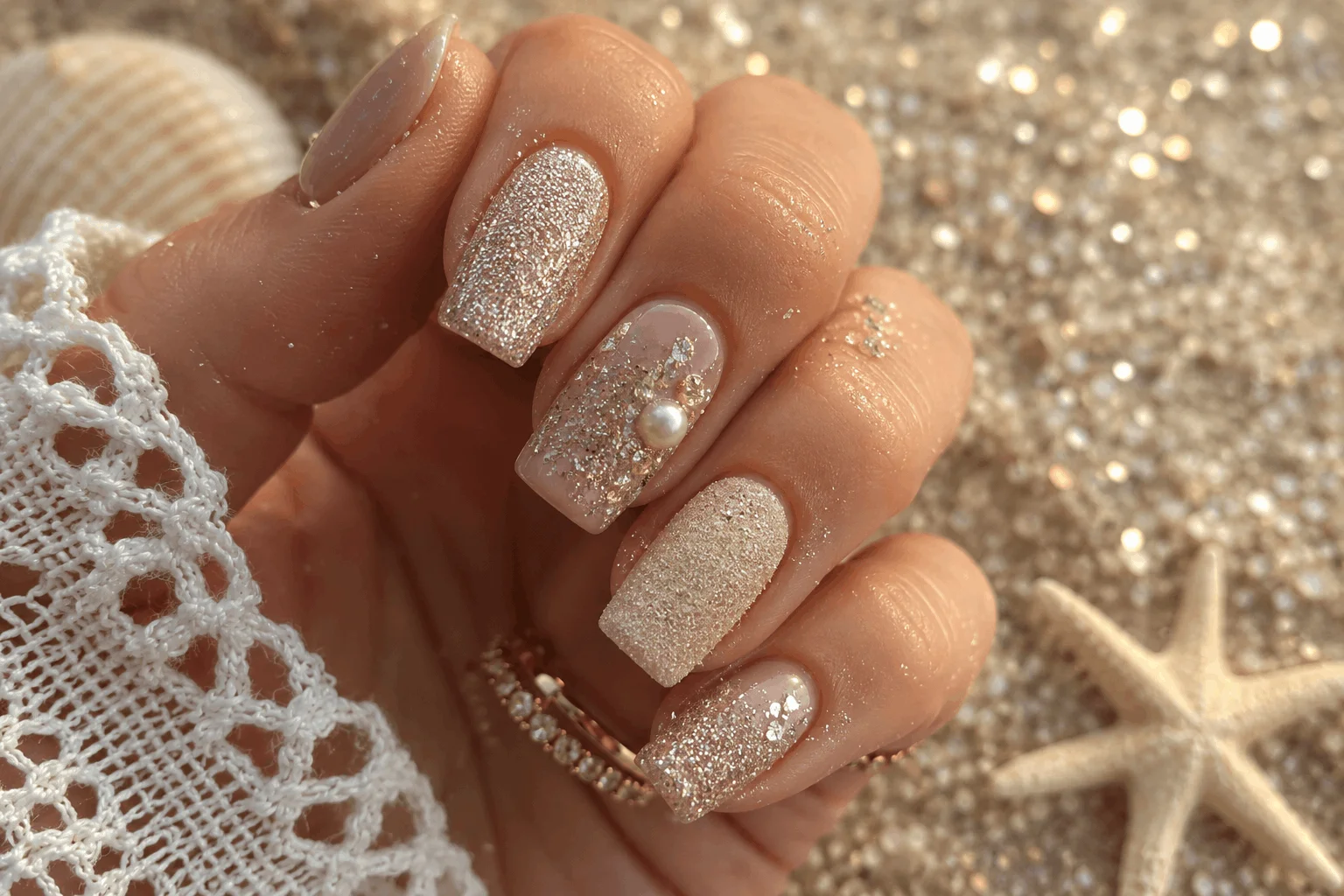 10 Summer Beach Nails Every Trend Lover Will Save 9 Glitter sand texture beach nails with shimmer