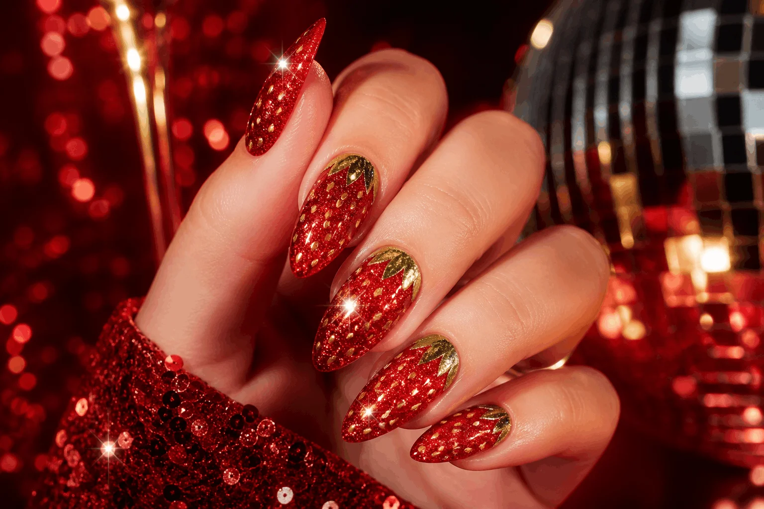 10 Strawberry Nails Designs You’ll Want Now 8 Glitter strawberry nails shiny manicure design