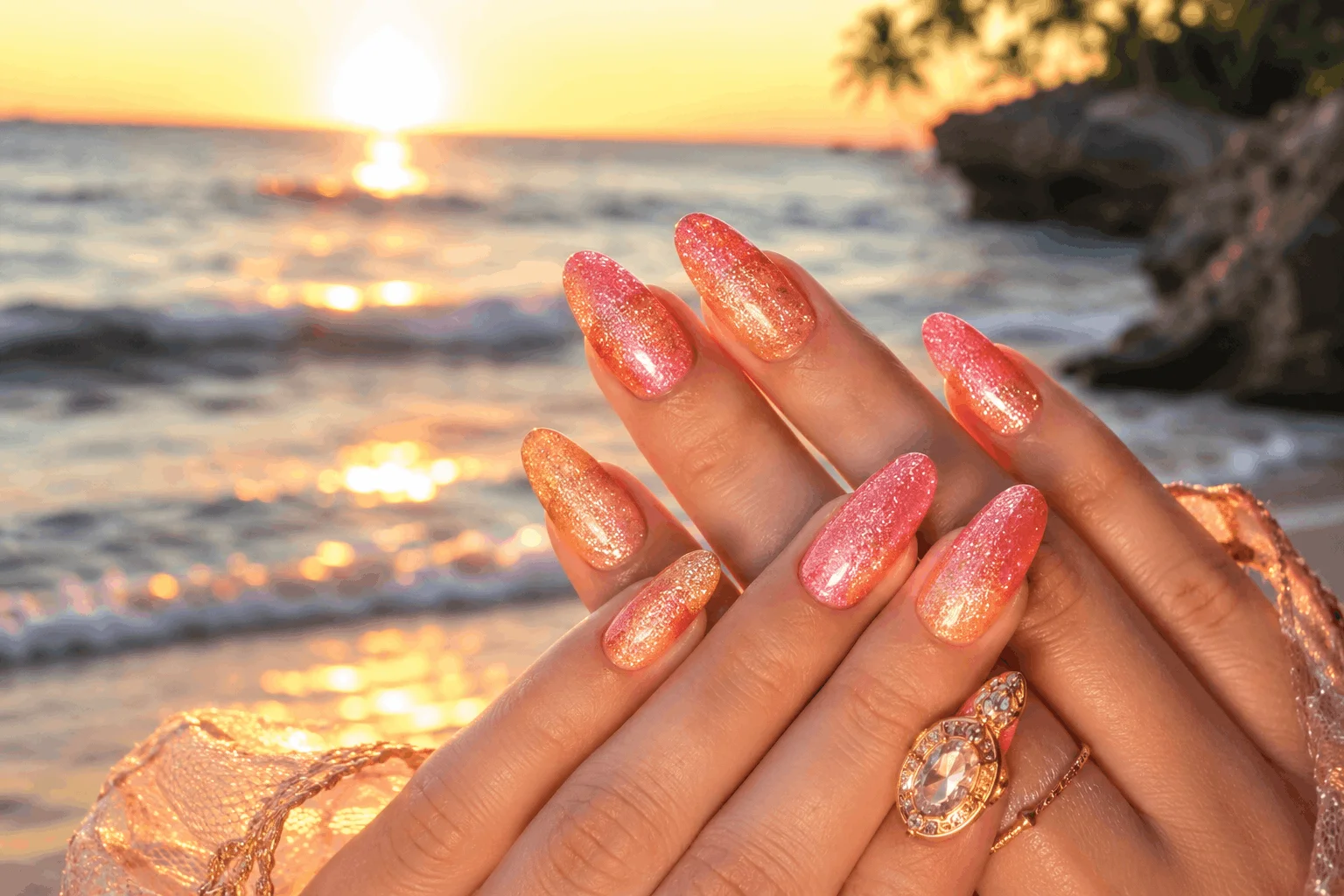 10 Summer Ombre Nails That Look Stunning in Photos 11 Glitter sunset beach ombre nails sparkling in sunlight