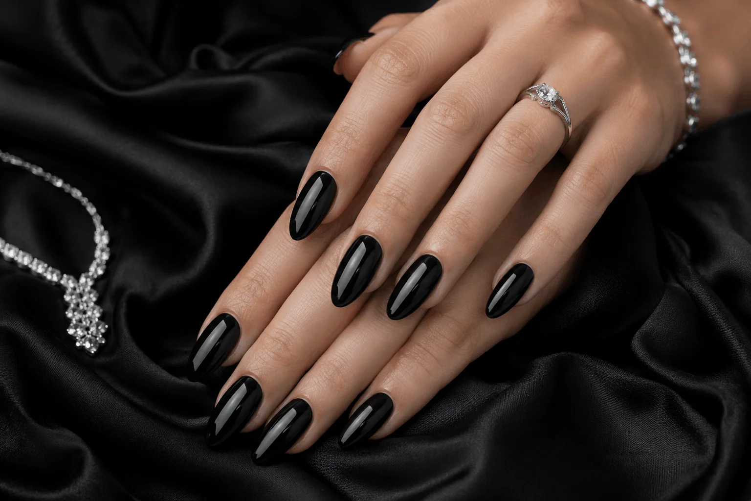 10 Black Prom Nails That Scream Luxury Glam 2 Glossy almond black prom nails with luxury glam style