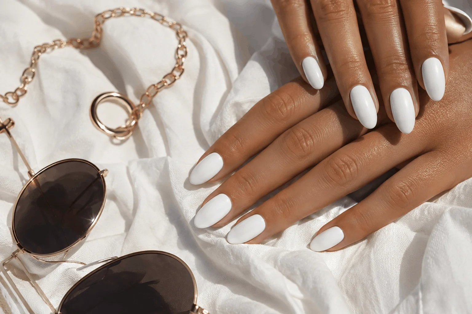 10 White Summer Nails That Feel Classy & Fresh 2 Glossy white almond nails with elegant summer styling