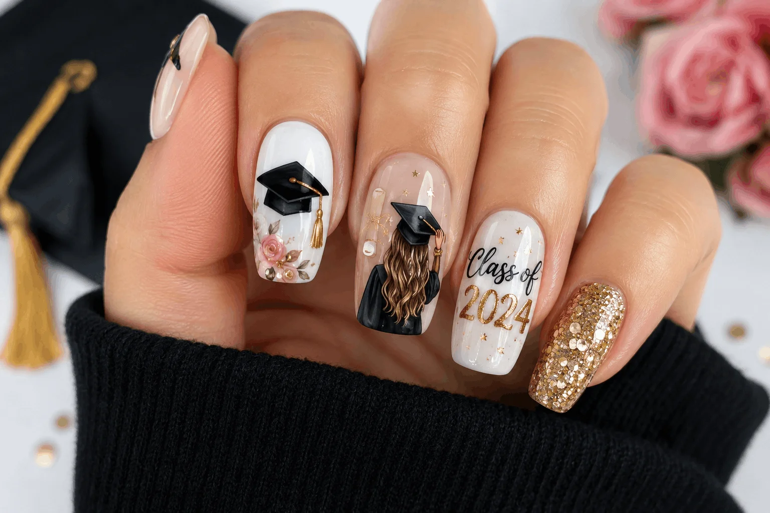 12 Cute Graduation Nails Perfect for Graduation Season 9 Graduation cap nail art design with diploma accent nails